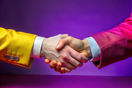 The image captures a close-up of a handshake between two individuals, likely in a business or...