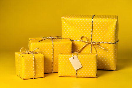 The image presents neatly wrapped gifts of varying sizesの写真素材