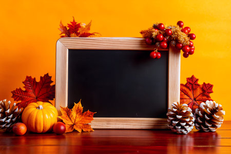 The image showcases a blank chalkboard framed with light woodの写真素材