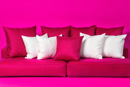 throw pillows neatly arranged on a matching couch in a colorful studio setup, creating a vibrant and cheerful interior design theme.の写真素材