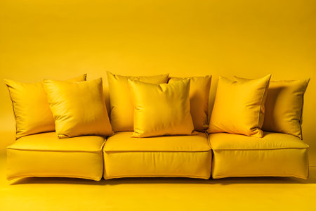 throw pillows neatly arranged on a matching couch in a colorful studio setup, creating a vibrant and cheerful interior design theme.の写真素材