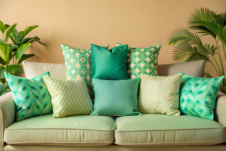 throw pillows neatly arranged on a matching couch in a colorful studio setup, creating a vibrant and cheerful interior design theme.の写真素材