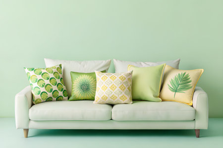 throw pillows neatly arranged on a matching couch in a colorful studio setup, creating a vibrant and cheerful interior design theme.の写真素材