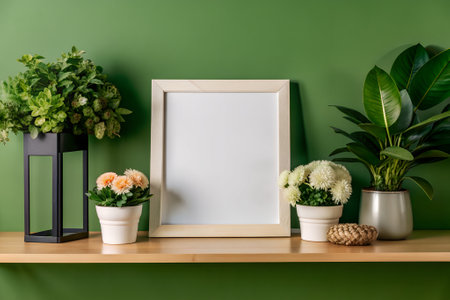 Minimalist decor featuring a blank picture frame surrounded by various potted plants on a wooden shelf.の写真素材