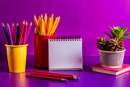 Set of blank notebooks and stationery items, including a pencil, plant, and tea mug, on a...