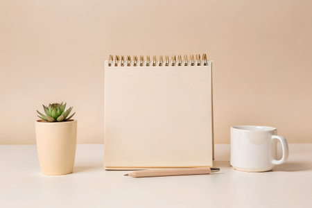 Set of blank notebooks and stationery items, including a pencil, plant, and tea mug, on a minimalistic desk setting.の写真素材