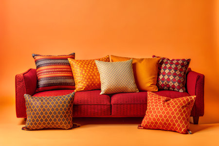 throw pillows neatly arranged on a matching couch in a colorful studio setup, creating a vibrant and cheerful interior design theme.の写真素材