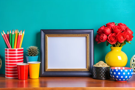 Minimalist decor featuring a blank picture frame surrounded by various potted plants on a wooden shelf.の写真素材
