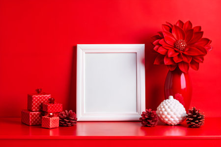 Minimalist decor featuring a blank picture frame surrounded by various potted plants on a wooden shelf.の写真素材