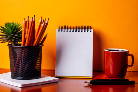 Set of blank notebooks and stationery items, including a pencil, plant, and tea mug, on a minimalistic desk setting.の写真素材