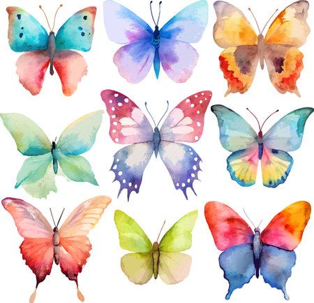 A collection of 9 colorful watercolor butterflies on a white background, perfect for decoration and design projects.のイラスト素材