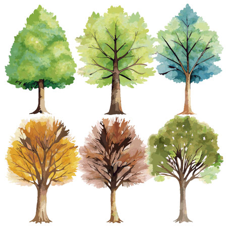 A collection of six watercolor tree illustrations, each with a distinct style and no background, perfect for easy customization.のイラスト素材
