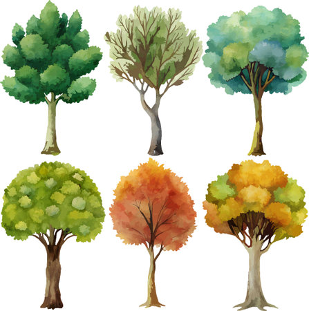 A collection of six watercolor tree illustrations, each with a distinct style and no background, perfect for easy customization.のイラスト素材
