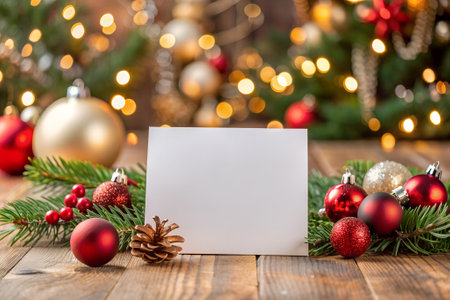 Blank holiday card on a decorated wooden table with festive ornaments, pine cones, and Christmas lights in the background.の写真素材