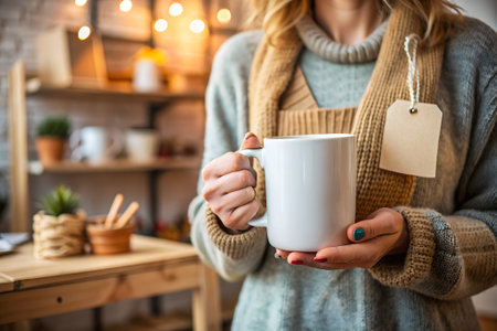 A person holding a blank mug in a cozy setting, wearing a warm sweater and scarf.の写真素材