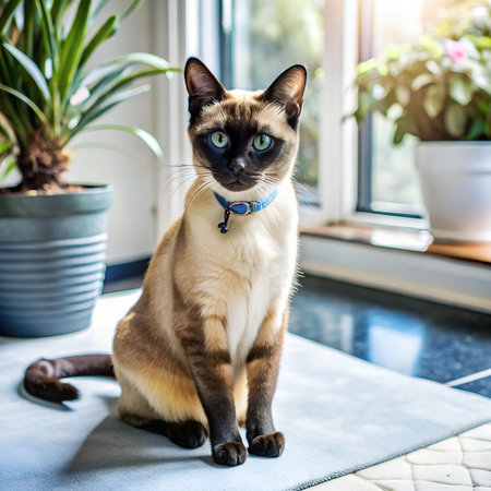 Detailed close-up portrait of a Siamese cat with striking blue eyes. Perfect for pet lovers and animal-related content.の写真素材