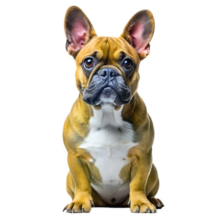 Adorable French Bulldog puppy sitting on a neutral background, looking curious and attentive.の写真素材