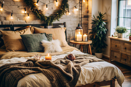 Close-up of a cozy and inviting bedroom with rustic decor, warm lighting, multiple pillows, and plants, creating a comfortable and relaxing atmosphere.の写真素材