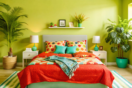 Close-up of a cozy and inviting bedroom with rustic decor, warm lighting, multiple pillows, and plants, creating a comfortable and relaxing atmosphere.の写真素材