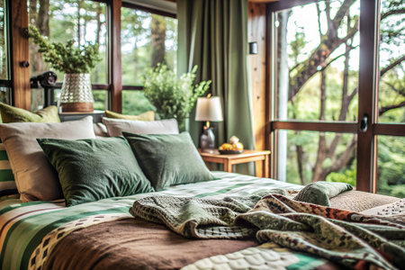 Close-up of a cozy and inviting bedroom with rustic decor, warm lighting, multiple pillows, and...