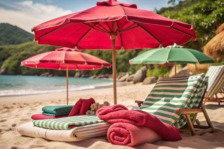Serene tropical beach with colorful umbrellas and wooden lounge chairs, perfect for relaxation and leisure under the sun.の写真素材