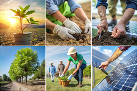 A series of images showing hands planting trees and working with solar panels, emphasizing...