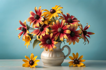 Close-up of vibrant Black-Eyed Susan flowers with cheerful yellow petals, creating a warm and sunny ambiance.の写真素材