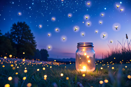 Enchanting mason jars filled with glowing fireflies on a wooden table, set against a twilight background with distant trees.の写真素材