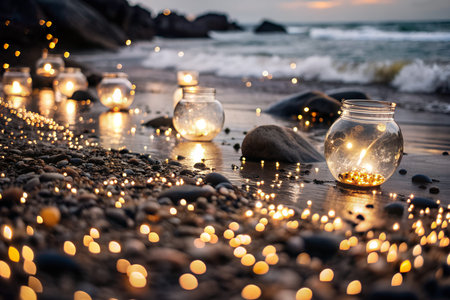 Enchanting mason jars filled with glowing fireflies on a wooden table, set against a twilight...