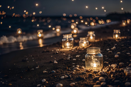 Enchanting mason jars filled with glowing fireflies on a wooden table, set against a twilight background with distant trees.の写真素材