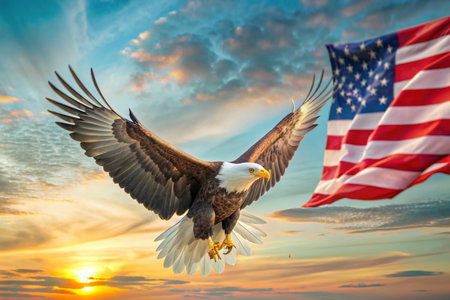 A majestic bald eagle soaring through a dramatic sunset sky, creating a powerful and awe-inspiring scene of nature's beauty.の写真素材