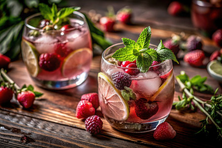 A vibrant close-up of a refreshing summer cocktail adorned with fresh fruits and mint leaves, set against a rustic wooden background.の写真素材