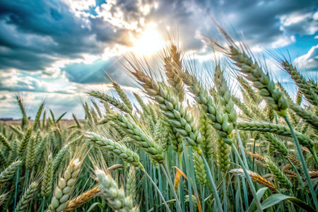 A picturesque golden wheat field under a bright blue sky, showcasing the beauty of nature and the abundance of harvest.の写真素材