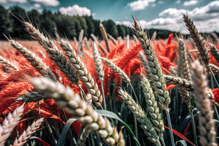 A picturesque golden wheat field under a bright blue sky, showcasing the beauty of nature and the abundance of harvest.の写真素材
