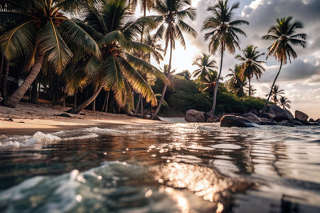 A stunning tropical beach with crystal clear water, palm trees, and bright blue sky, perfect for summer relaxation.の写真素材