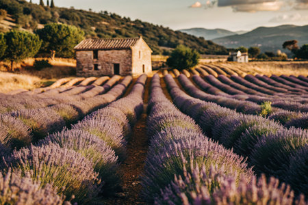Stunning landscape of rolling lavender fields under a picturesque sky with a distant farmhouse. Perfect for themes of nature, tranquility, and beauty.の写真素材