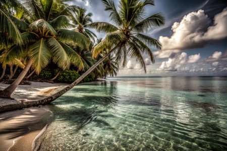 A stunning tropical beach with crystal clear water, palm trees, and bright blue sky, perfect for summer relaxation.の写真素材