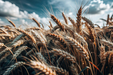 A picturesque golden wheat field under a bright blue sky, showcasing the beauty of nature and the abundance of harvest.の写真素材