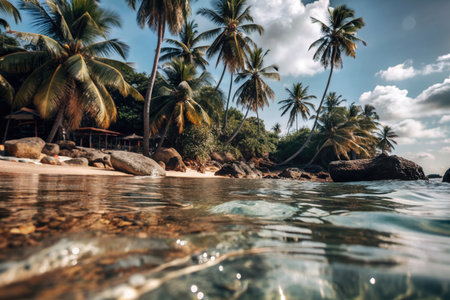 A stunning tropical beach with crystal clear water, palm trees, and bright blue sky, perfect for summer relaxation.の写真素材