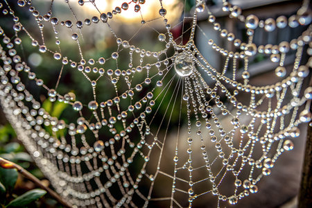 A stunning hyperrealistic close-up of dewdrops on a spider web, illuminated by the golden light of sunrise.の写真素材