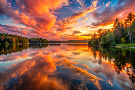 A serene lake reflects the vibrant, fiery colors of a sunset. Tall trees and dramatic clouds create a picturesque landscape.の写真素材