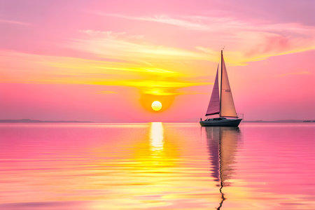 A serene lake beautifully reflecting a vibrant summer sunset with a sailboat in the foreground,...
