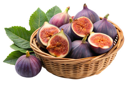 Close-up of fresh figs with green leaves. Juicy and ripe figs cut in half.の写真素材