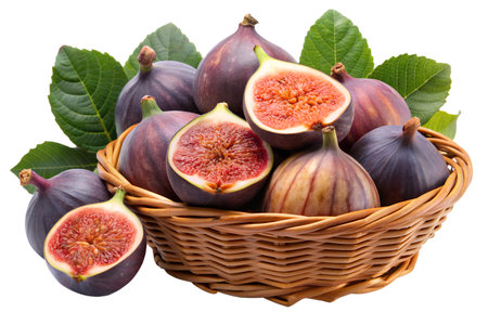 Close-up of fresh figs with green leaves. Juicy and ripe figs cut in half.の写真素材