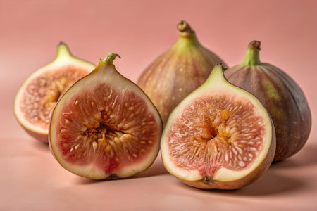 Close-up of fresh figs with green leaves. Juicy and ripe figs cut in half.