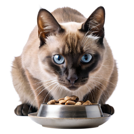 Detailed close-up portrait of a Siamese cat with striking blue eyes. Perfect for pet lovers and animal-related content.の写真素材
