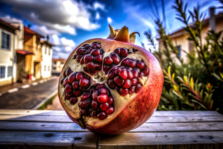 Close-up of a fresh pomegranate with green leaves. Perfect for concepts of health, nutrition, and organic food.の写真素材