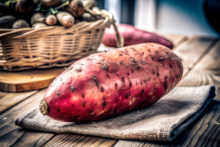 Close-up of a whole sweet potato isolated, showcasing its vibrant color and texture.の写真素材