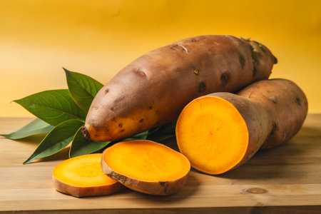 Close-up of a whole sweet potato isolated, showcasing its vibrant color and texture.