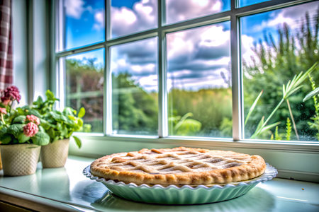 A delicious homemade pie cooling on a windowsill in a cozy. Fresh cherries in a bowl beside the pie.の写真素材